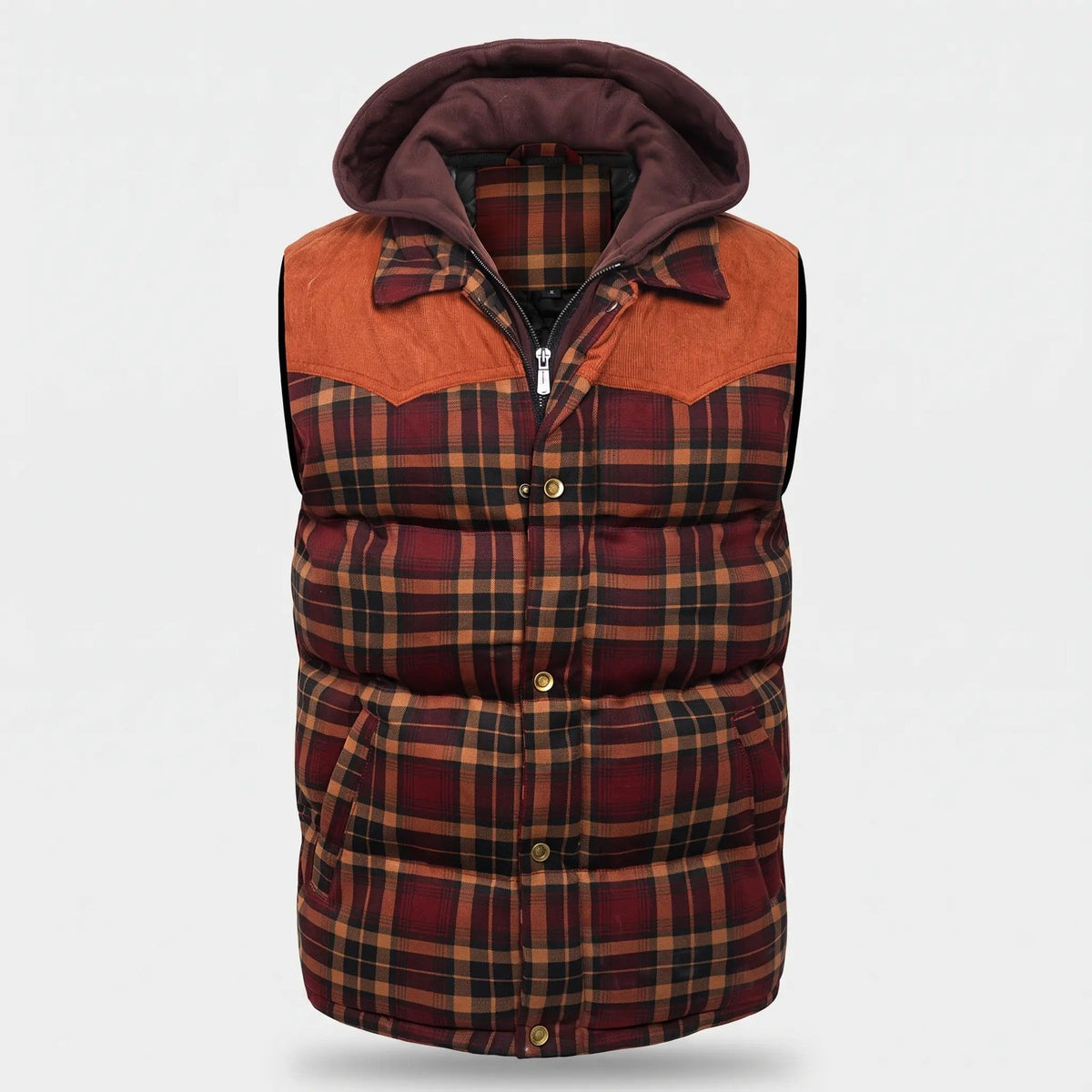 Men's Tartan Check Hooded Padded Vest With Corduroy Yoke