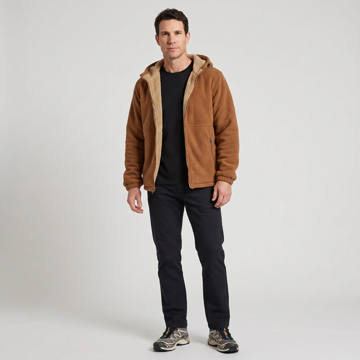 Men's Hooded Sherpa Lined Fleece Jacket with Zip Pockets