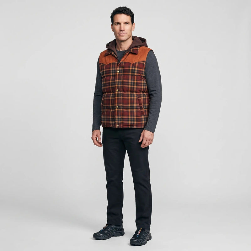 Men's Tartan Check Hooded Padded Vest With Corduroy Yoke