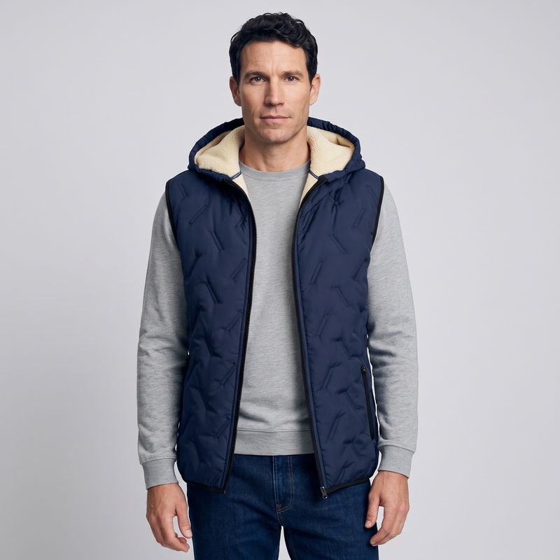 Men's Wave Quilted Hooded Vest With Sherpa Fleece Lining