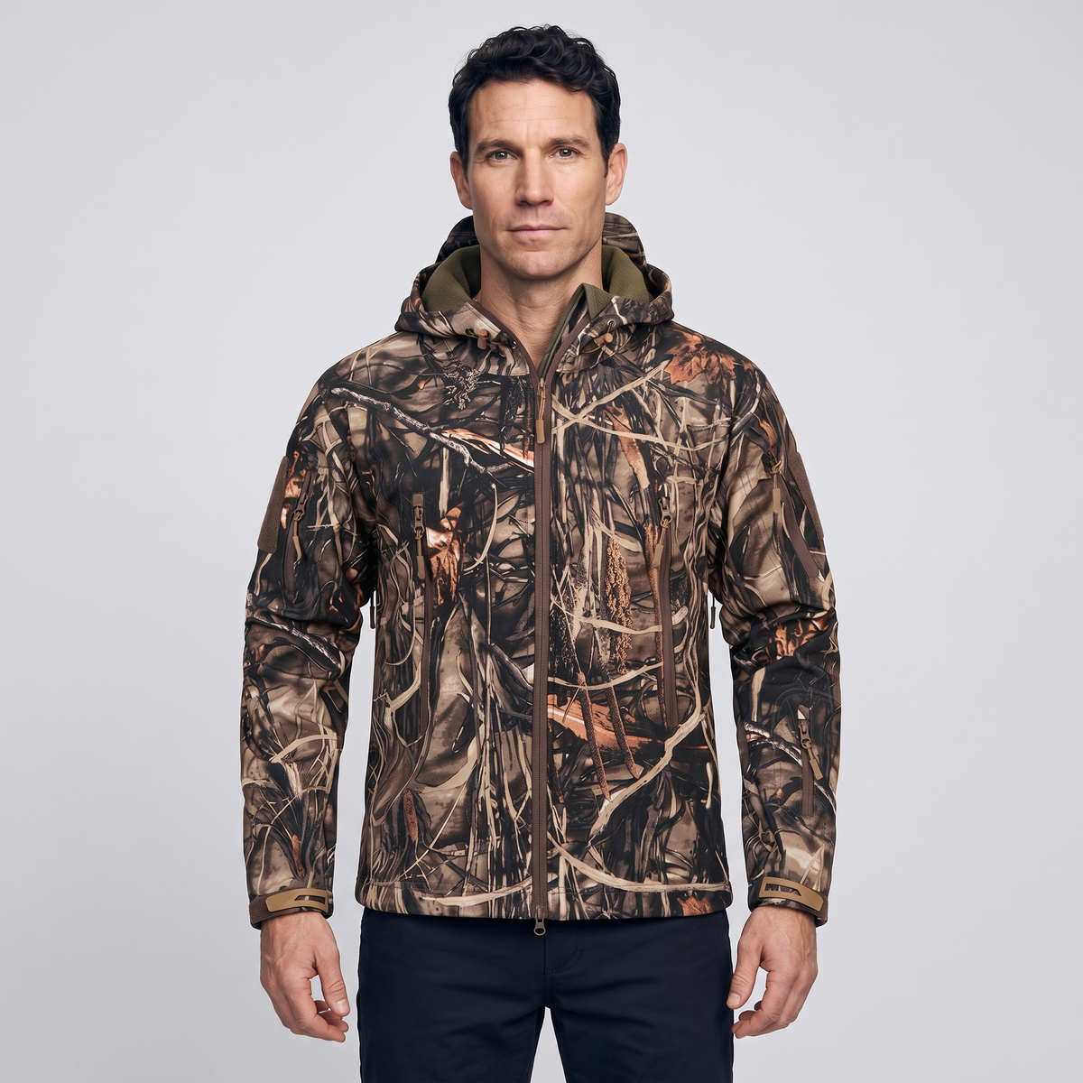 Men's Camo Fleece Lined Softshell Jacket with Hood