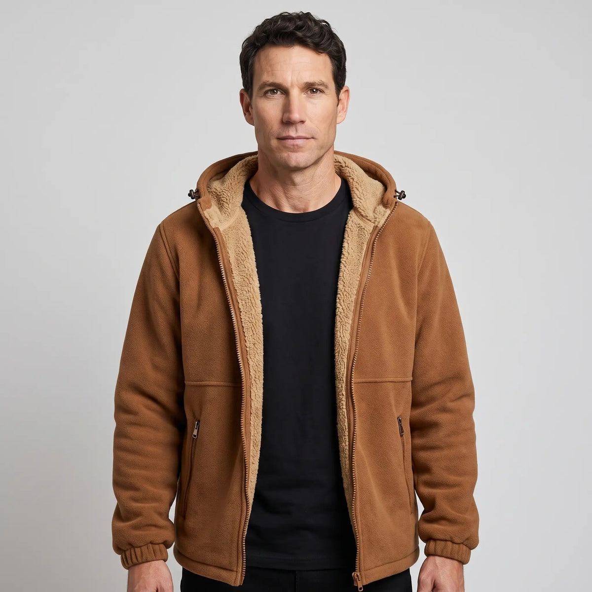 Men's Hooded Sherpa Lined Fleece Jacket with Zip Pockets