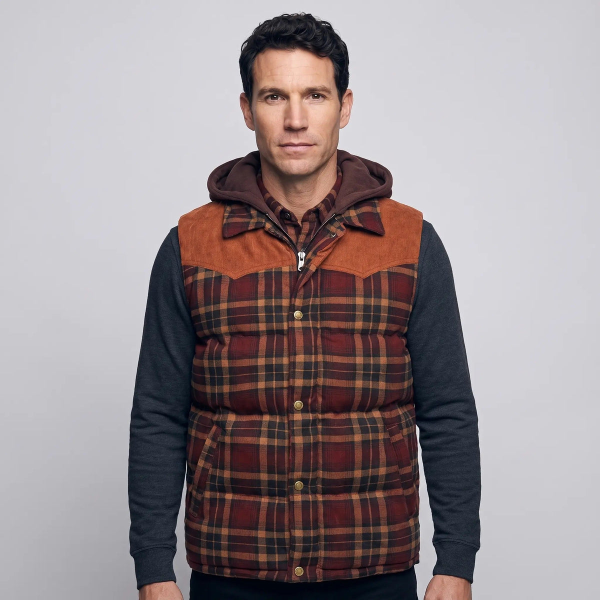Men's Tartan Check Hooded Padded Vest With Corduroy Yoke