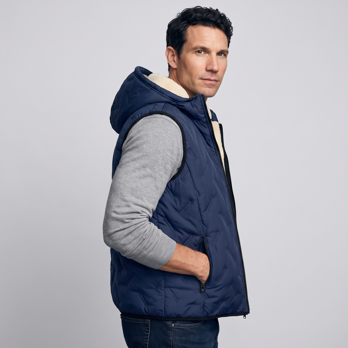 Men's Quilted Hooded Vest with Sherpa Fleece Lining