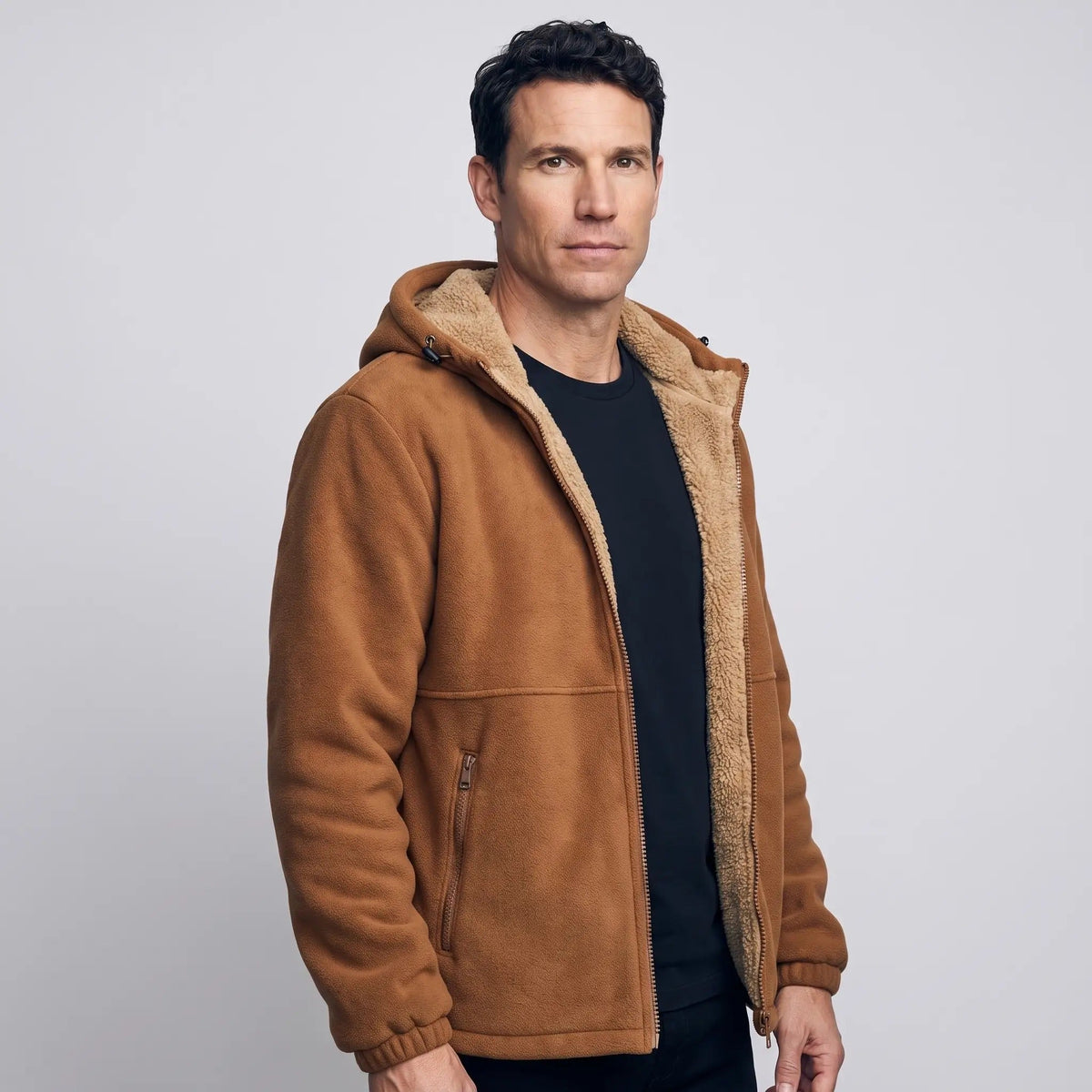 Men's Sherpa Lined Hooded Fleece Jacket With Zip Pockets
