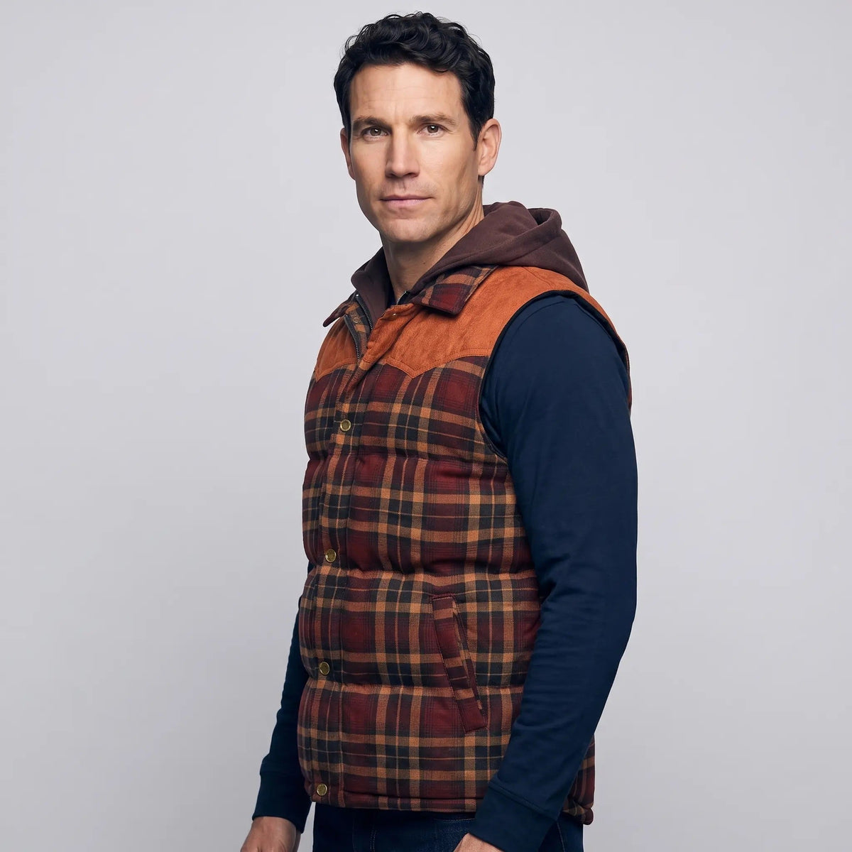 Men's Tartan Check Hooded Padded Vest With Corduroy Yoke