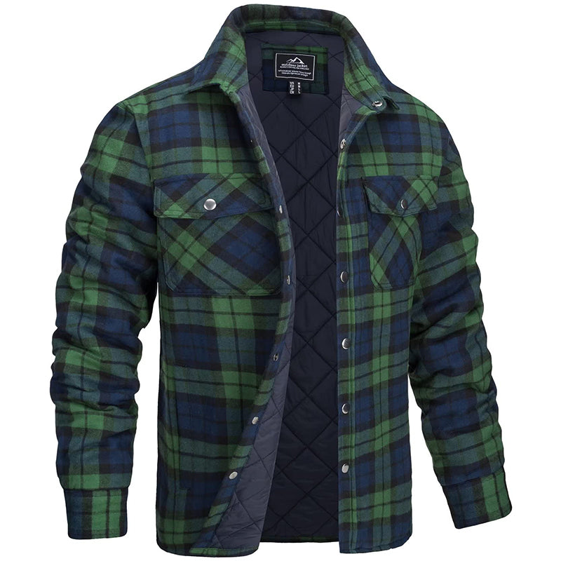 Men's Quilted Lined Plaid Flannel Shirt Jacket with Snap Buttons