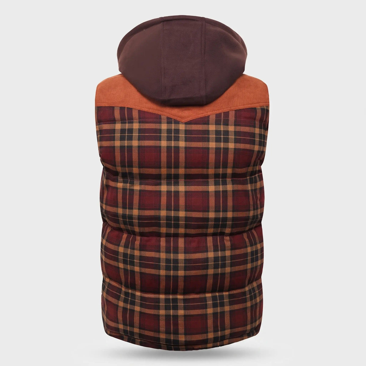 Men's Tartan Check Hooded Padded Vest With Corduroy Yoke