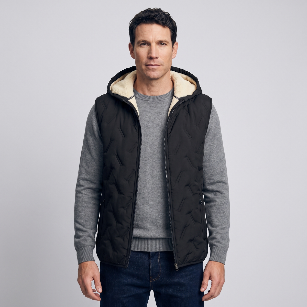 Men's Quilted Hooded Vest with Sherpa Fleece Lining