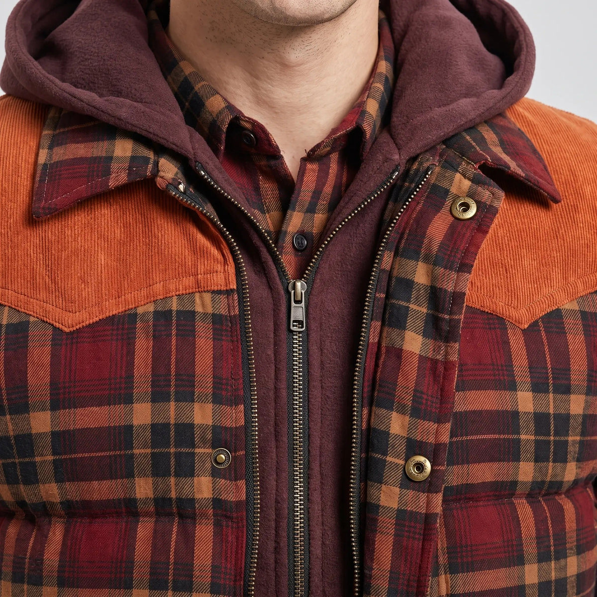 Men's Tartan Check Hooded Padded Vest With Corduroy Yoke