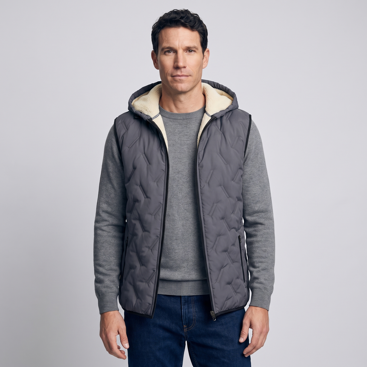 Men's Quilted Hooded Vest with Sherpa Fleece Lining