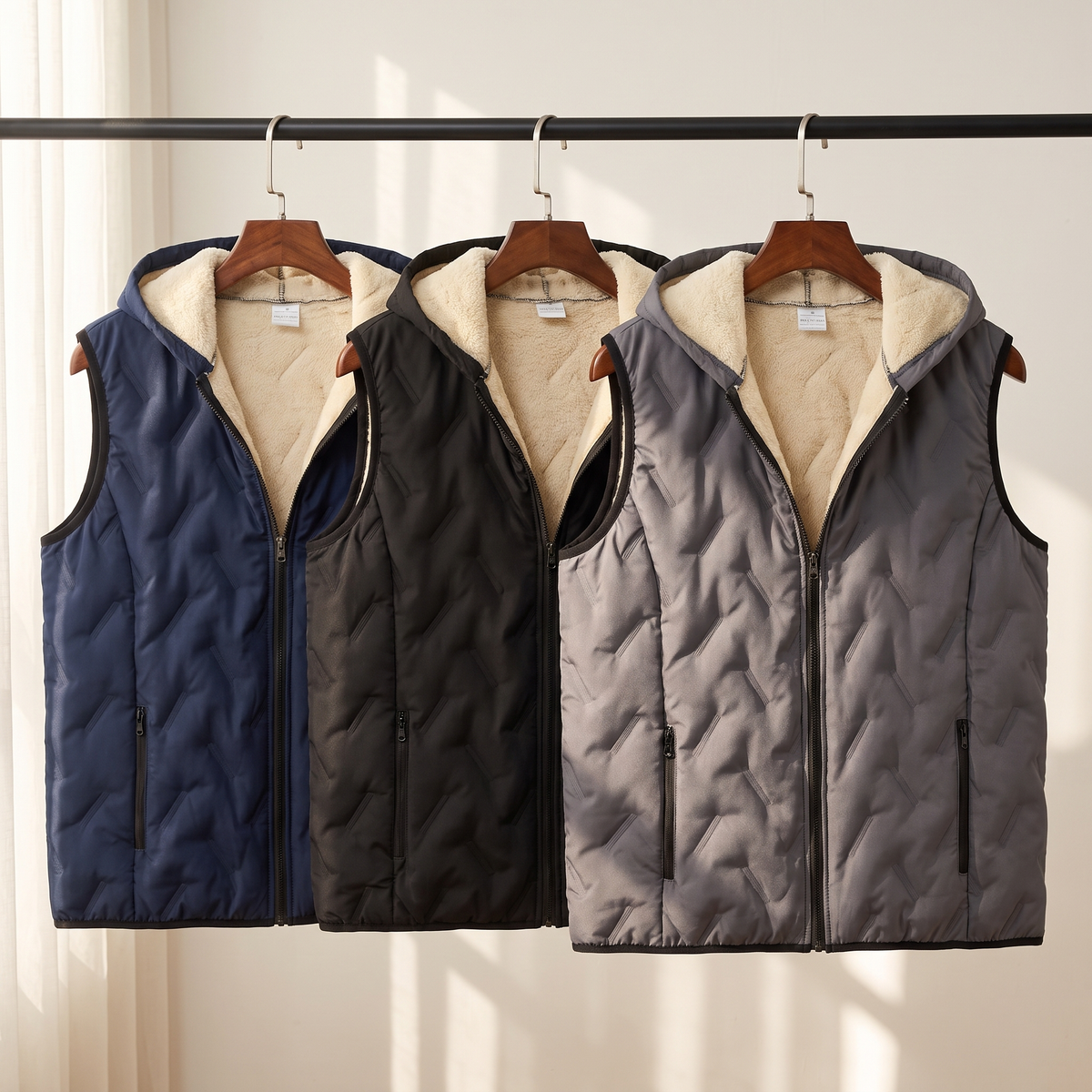 Men's Wave Quilted Hooded Vest With Sherpa Fleece Lining