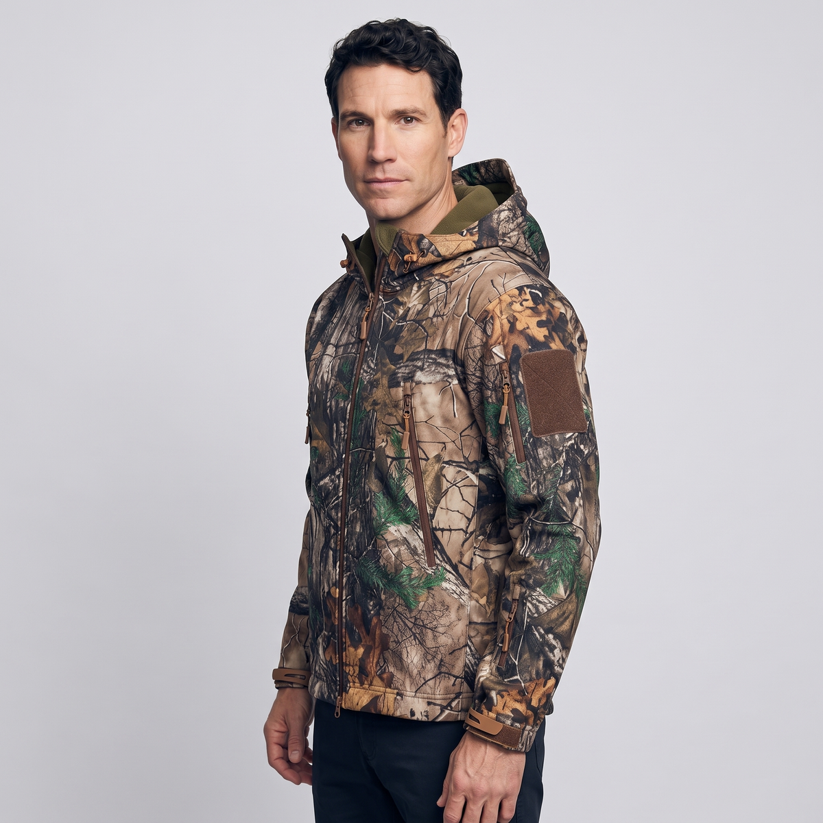 Men's Camo Fleece Lined Softshell Jacket with Hood
