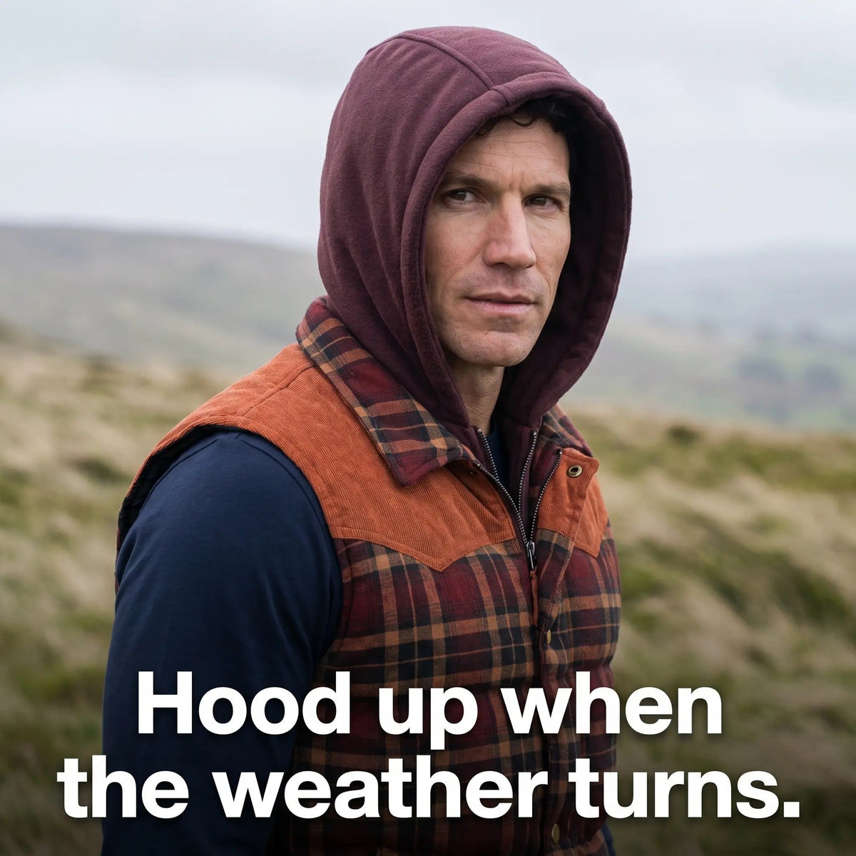 Men's Tartan Check Hooded Padded Vest With Corduroy Yoke