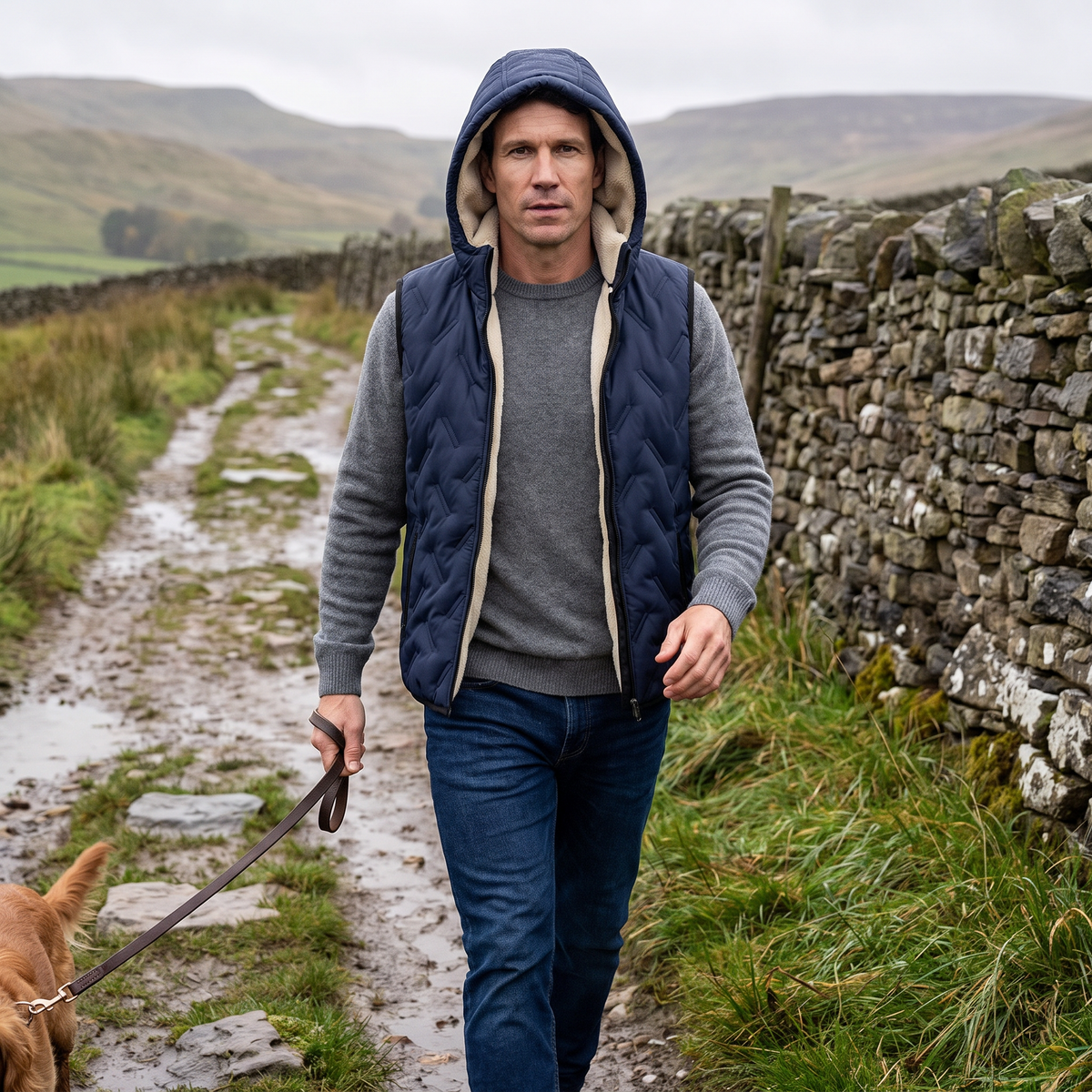 Men's Quilted Hooded Vest with Sherpa Fleece Lining