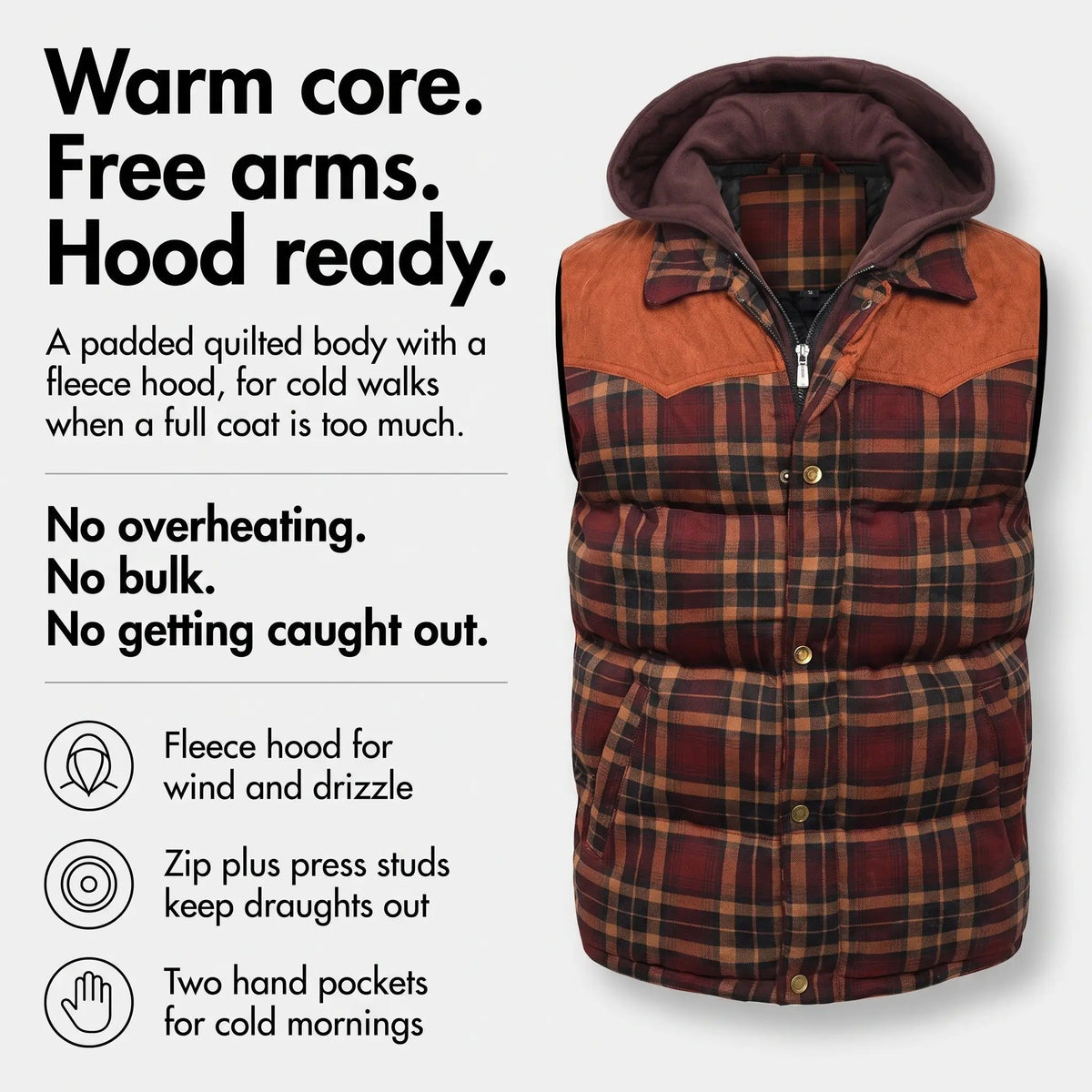 Men's Tartan Check Hooded Padded Vest With Corduroy Yoke