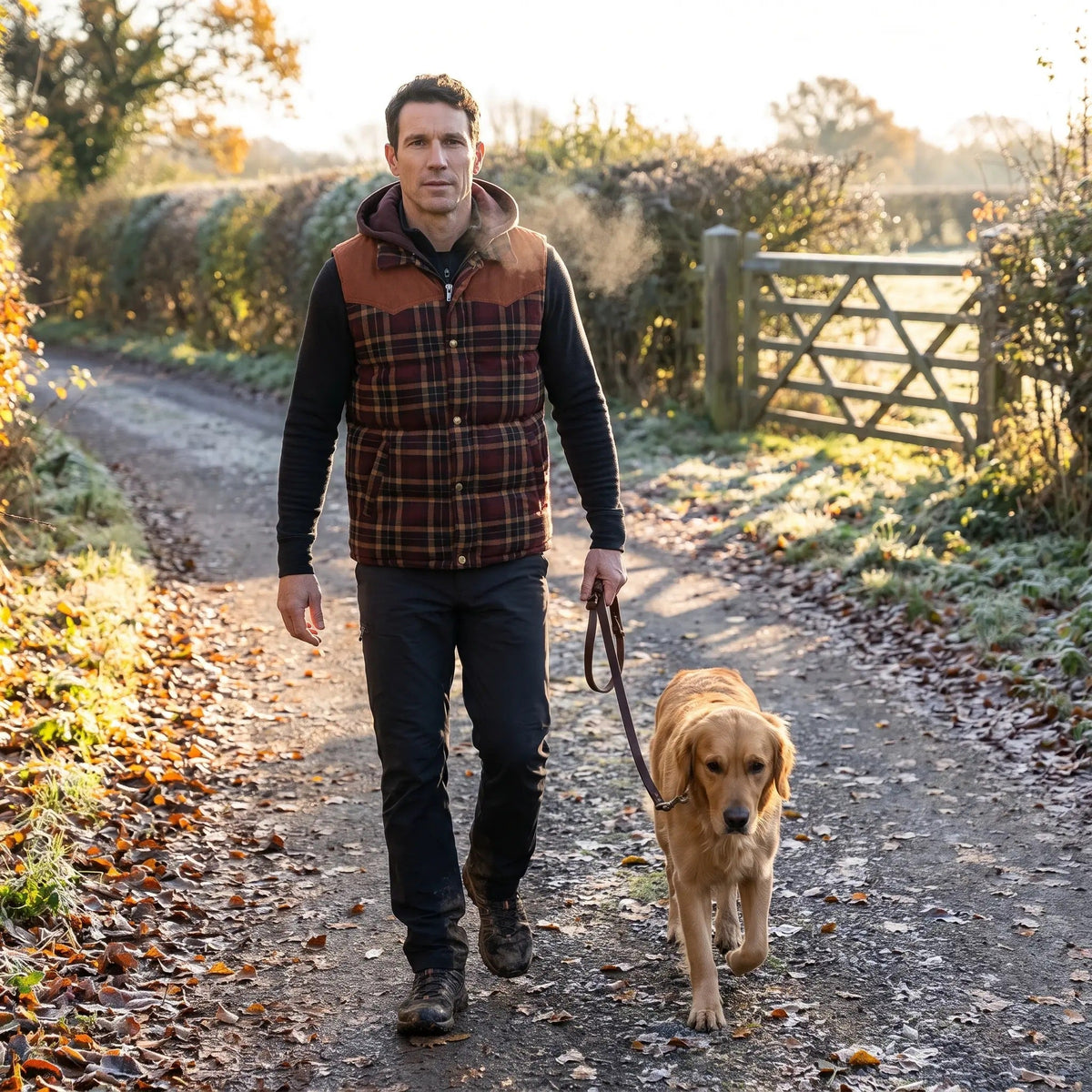 Men's Tartan Check Hooded Padded Vest With Corduroy Yoke