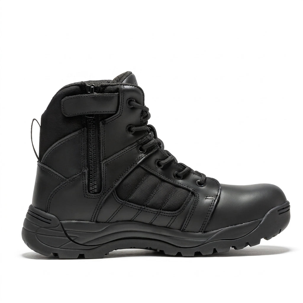 Men's Full Grain Leather Tactical Boots with Side Zipper and Rubber Sole