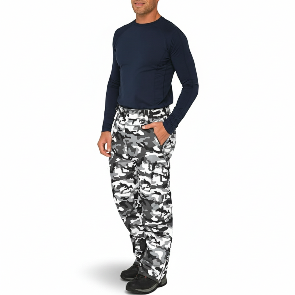 Men's Waterproof Insulated Cargo Snow Pants with Camo Print and Boot Gaiters