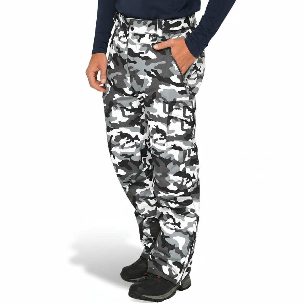 Men's Waterproof Insulated Cargo Snow Pants with Camo Print and Boot Gaiters