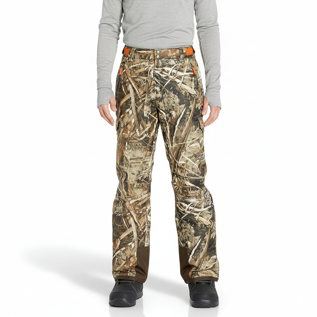 Men's Waterproof Insulated Cargo Snow Pants with Camo Print and Boot Gaiters