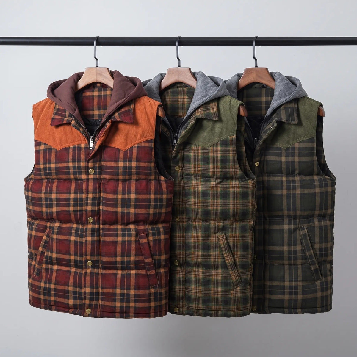 Men's Tartan Check Hooded Padded Vest With Corduroy Yoke
