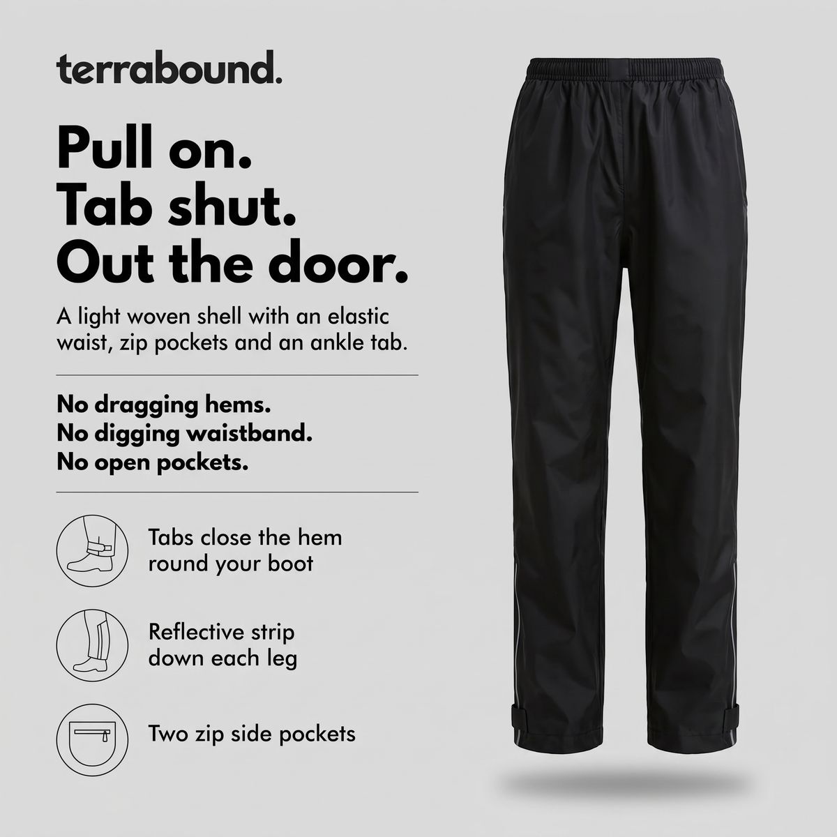 Women's Lightweight Rain Trousers with Zip Pockets and Reflective Leg Strips