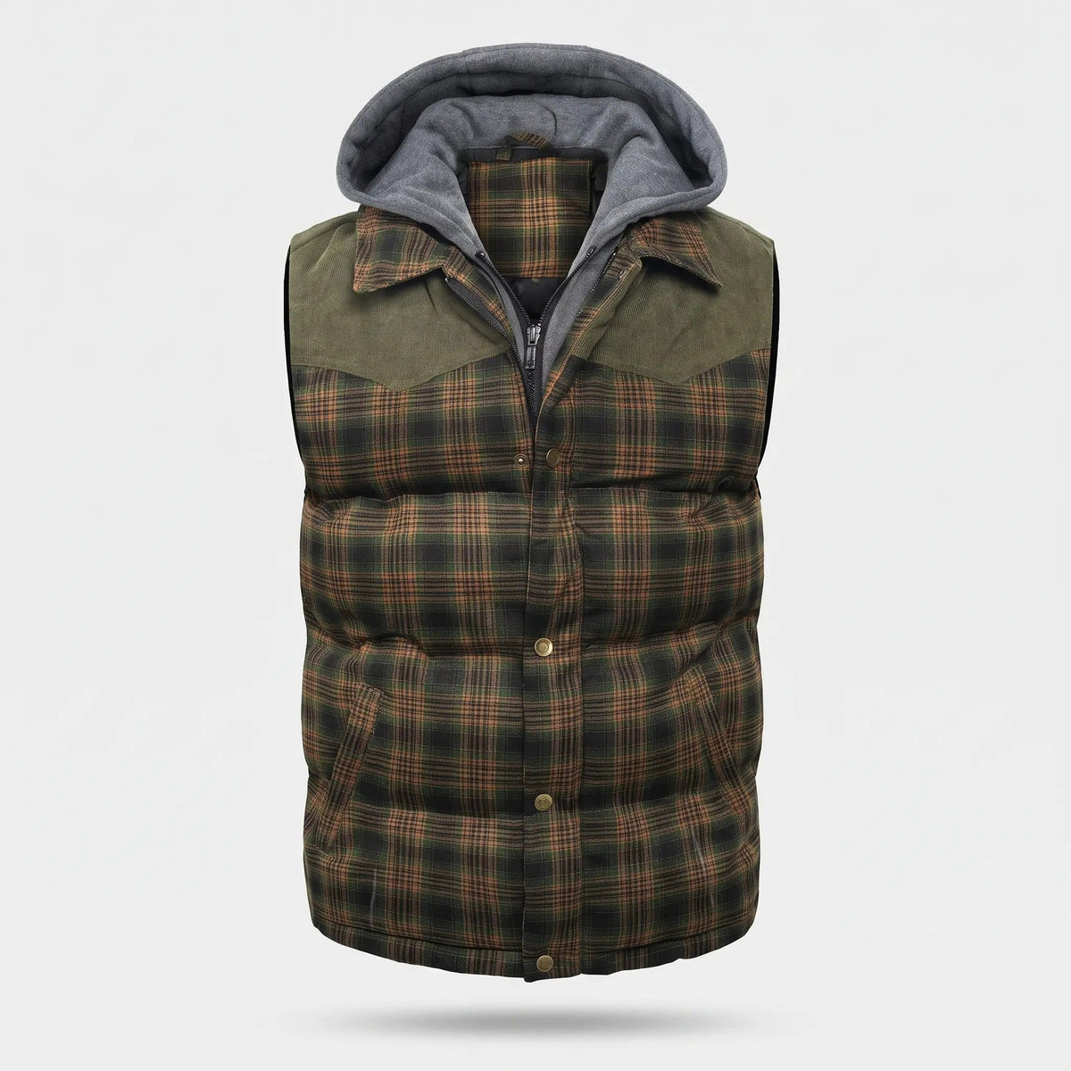 Men's Tartan Check Hooded Padded Vest With Corduroy Yoke