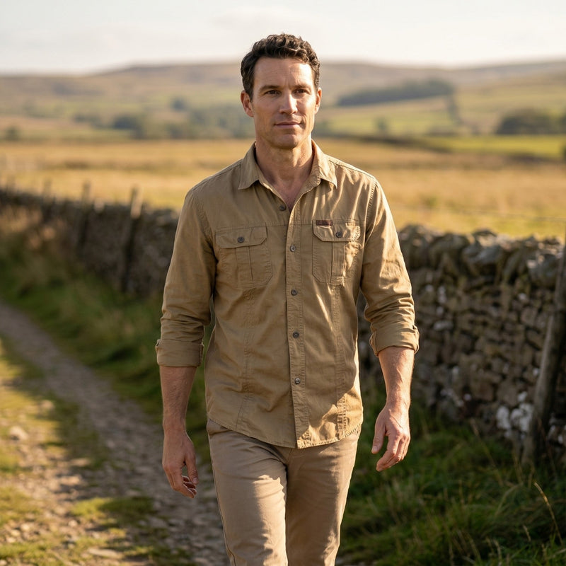 Men's Cotton Field Shirt With Double Chest Pockets And Long Sleeves