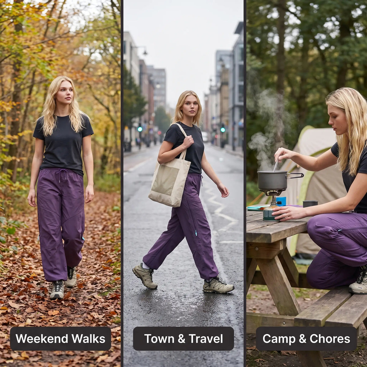 Women's Water Repellent Softshell Wide Leg Trail Trousers with Zip Pockets