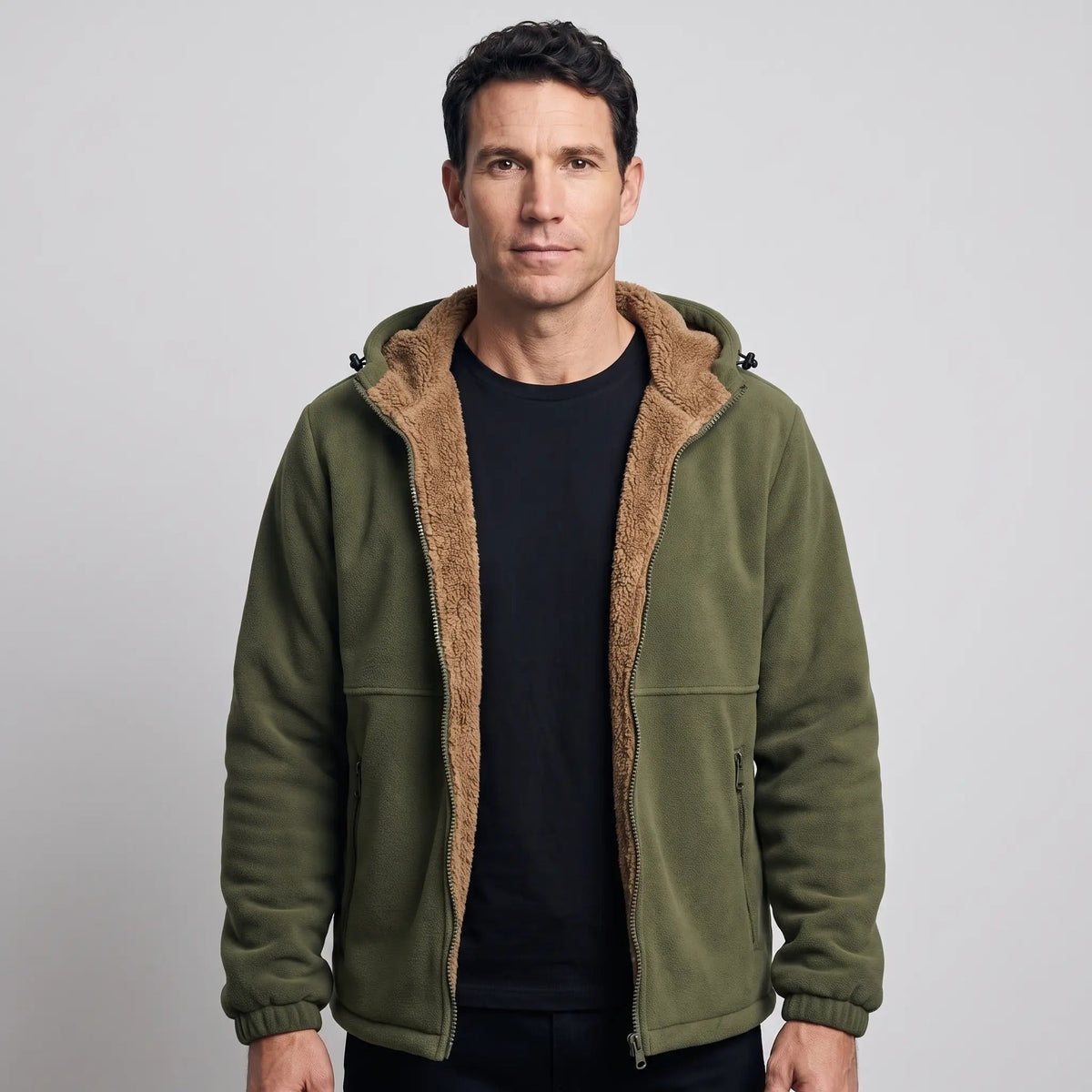 Men's Hooded Sherpa Lined Fleece Jacket with Zip Pockets