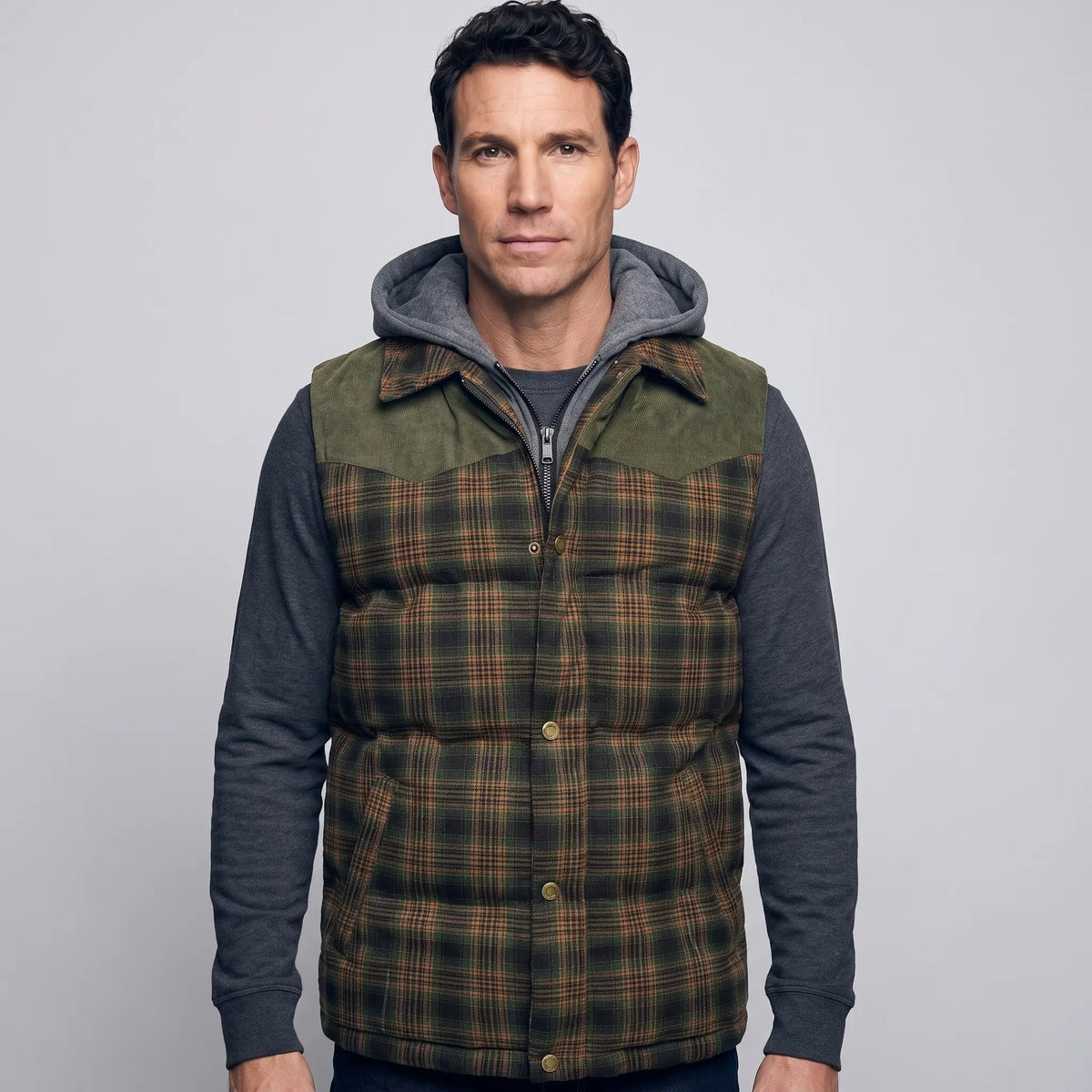 Men's Tartan Check Hooded Padded Vest With Corduroy Yoke