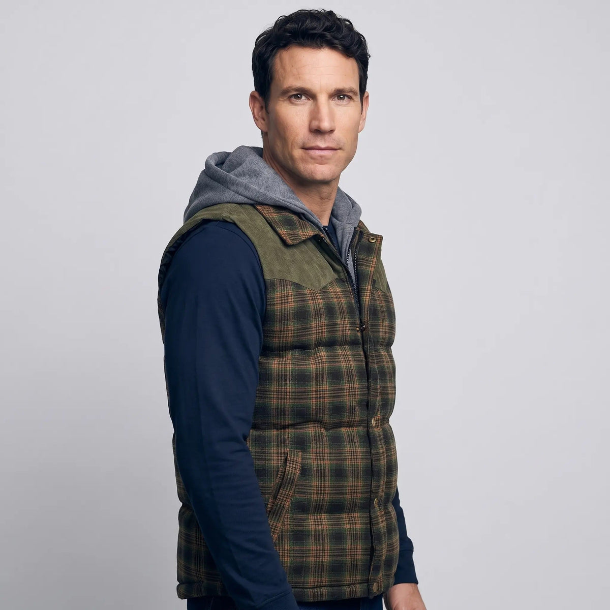 Men's Tartan Check Hooded Padded Vest With Corduroy Yoke