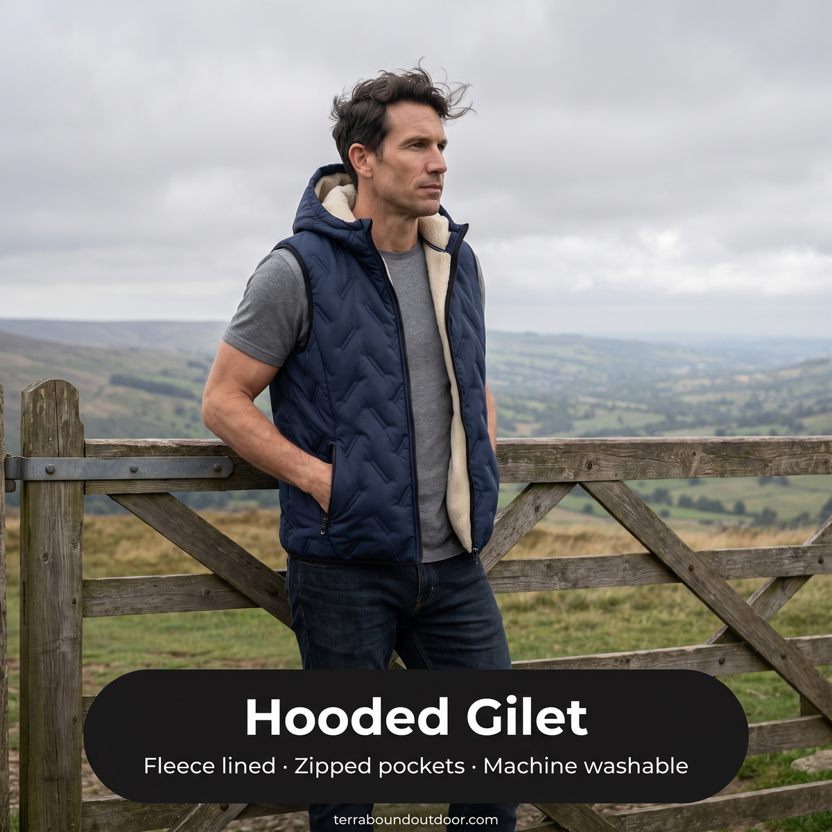 Men's Wave Quilted Hooded Vest With Sherpa Fleece Lining
