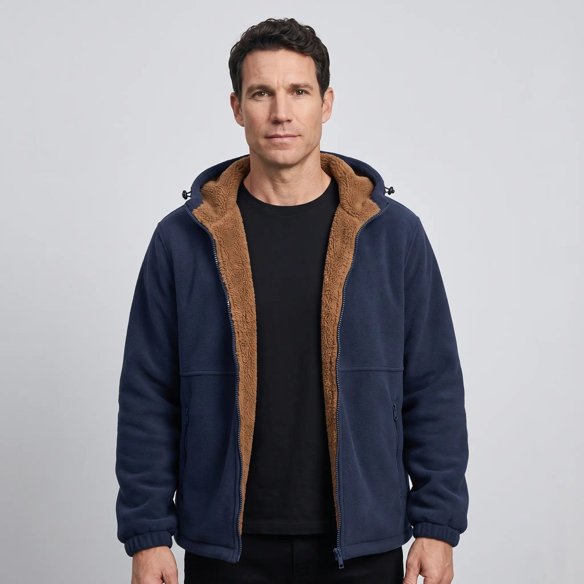 Men's Hooded Sherpa Lined Fleece Jacket with Zip Pockets