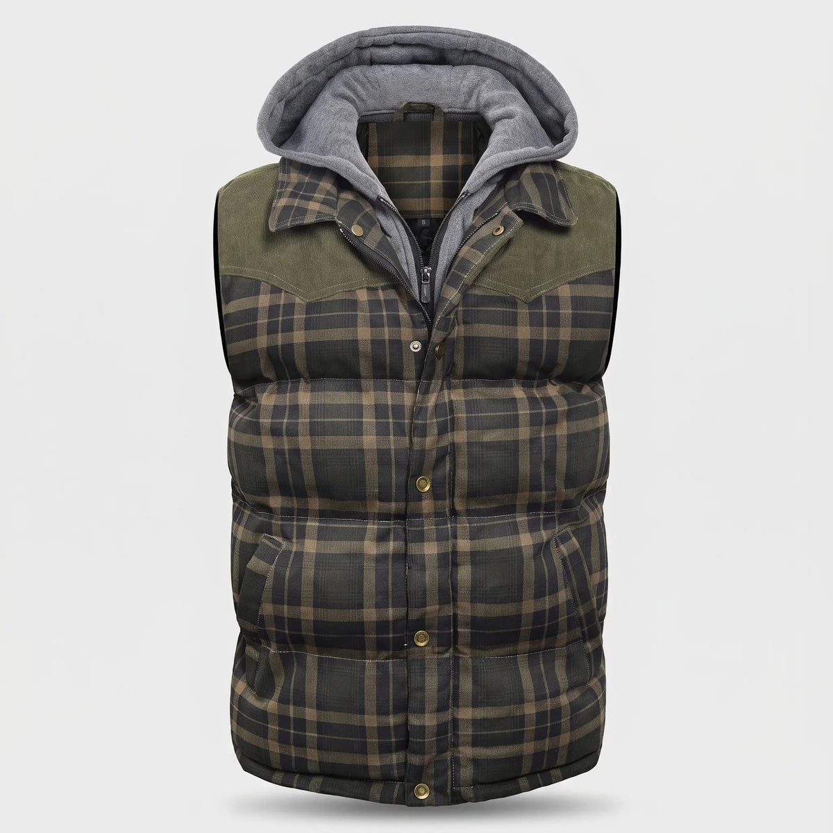 Men's Tartan Check Hooded Padded Vest With Corduroy Yoke