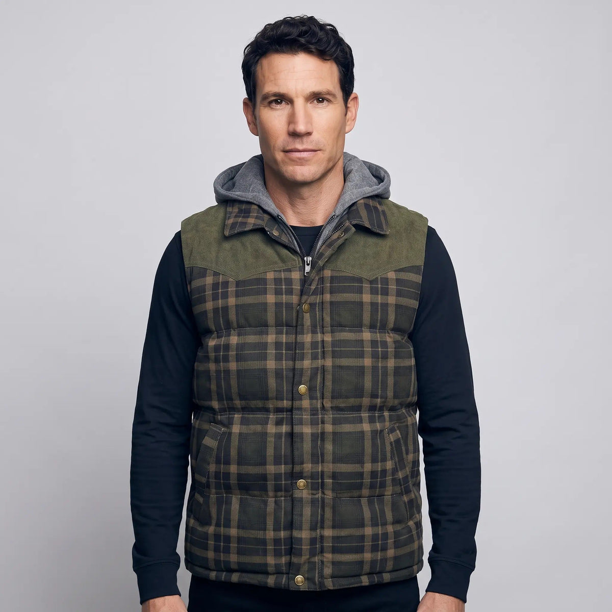 Men's Tartan Check Hooded Padded Vest With Corduroy Yoke