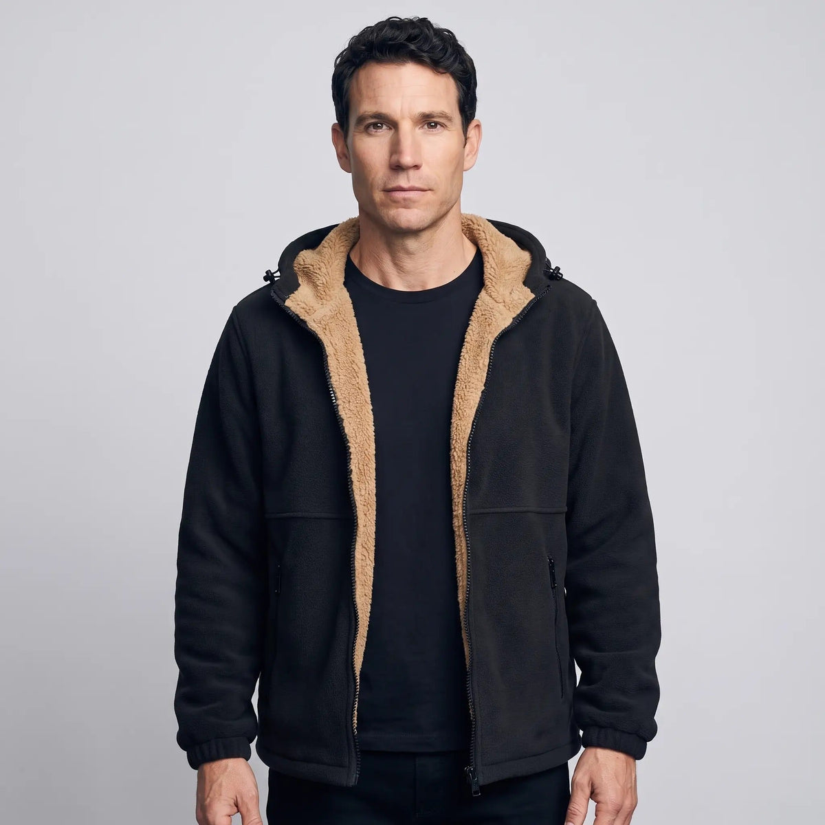 Men's Hooded Sherpa Lined Fleece Jacket with Zip Pockets