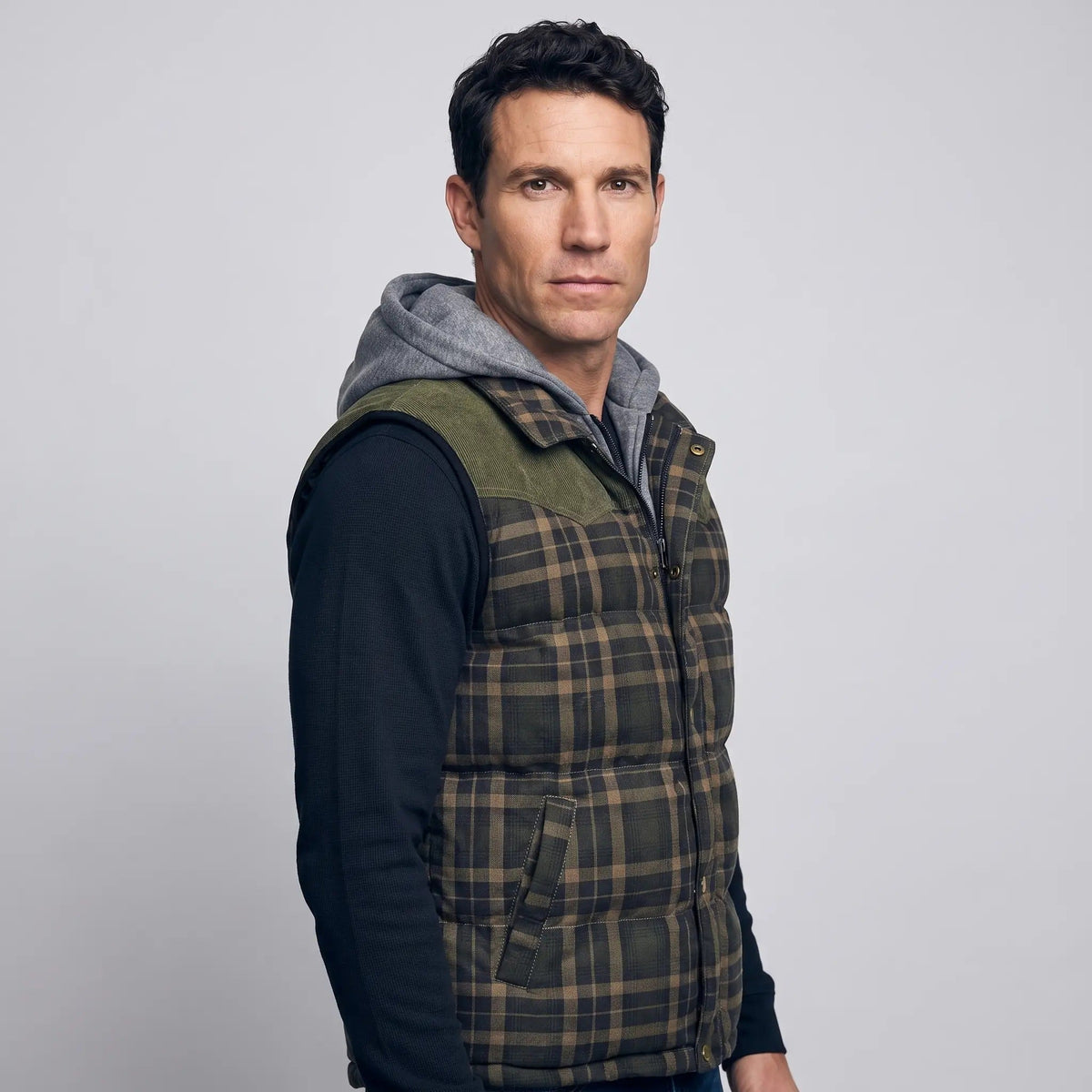 Men's Tartan Check Hooded Padded Vest With Corduroy Yoke