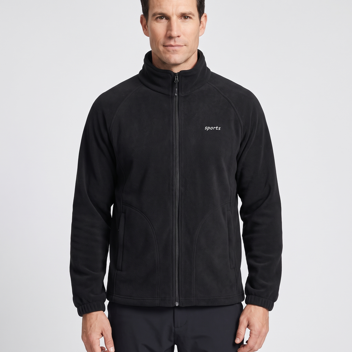 Men's Full Zip Fleece Jacket with Stand Collar and Raglan Sleeves