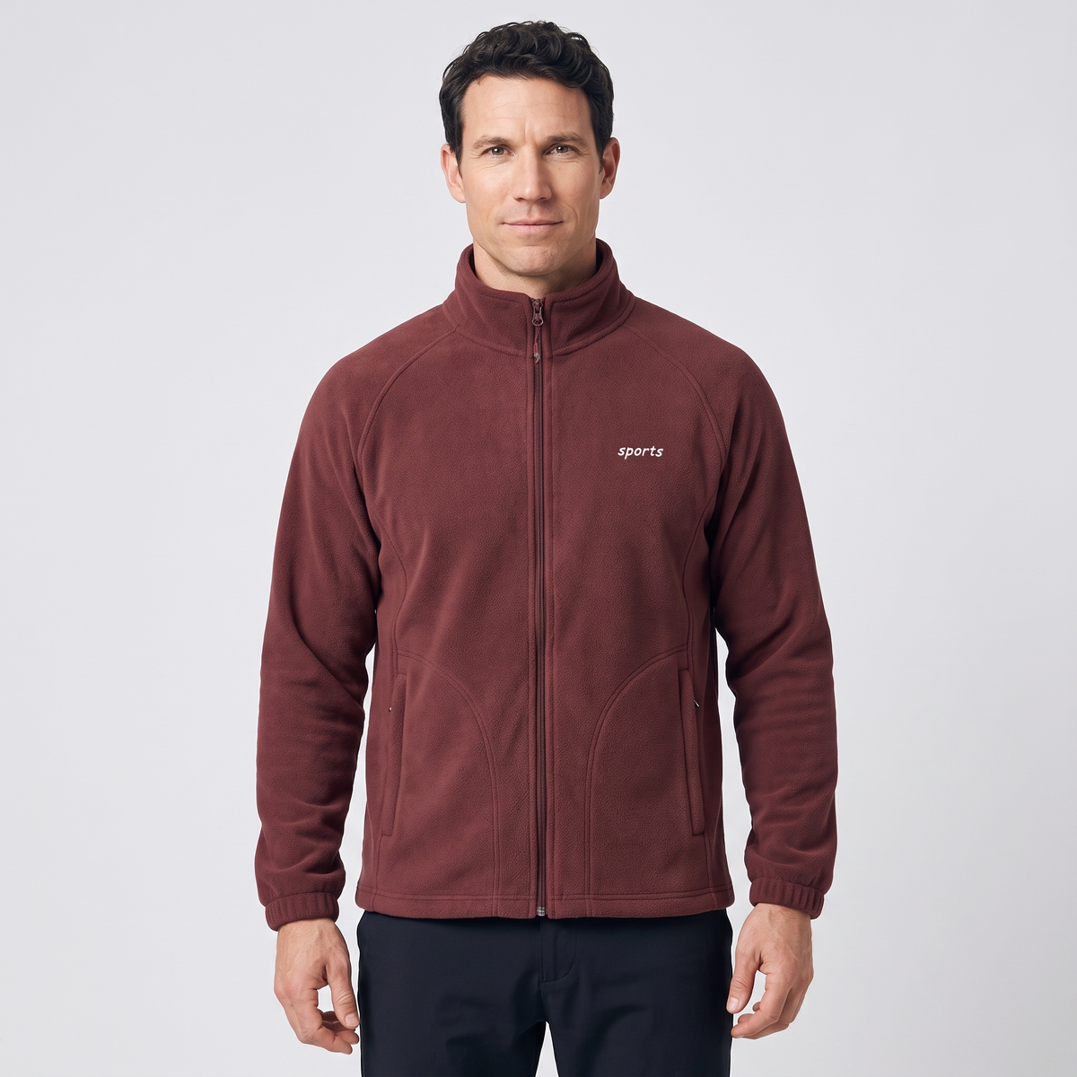 Men's Full Zip Fleece Jacket with Stand Collar and Raglan Sleeves