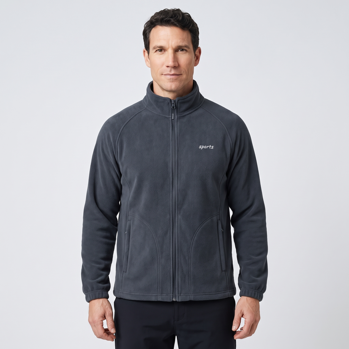 Men's Full Zip Fleece Jacket with Stand Collar and Raglan Sleeves