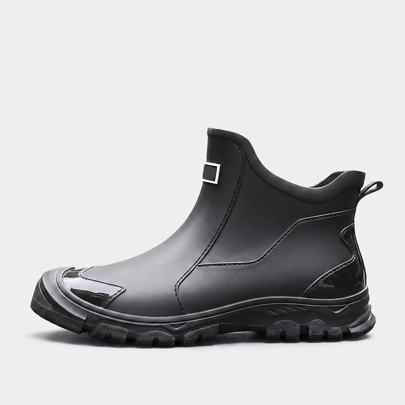 Men's Slip On Ankle Rain Boots with Lugged Sole and Pull Tab
