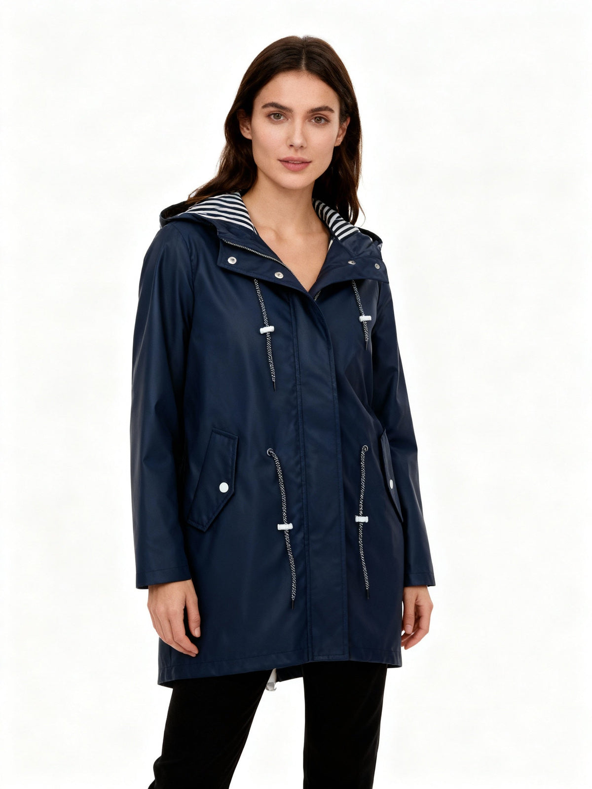 Women's Mid Length Water Repellent Rain Jacket with Hood