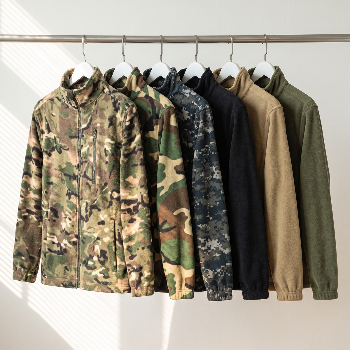Men's Camo Fleece Jacket with Stand Collar and Zip Pockets