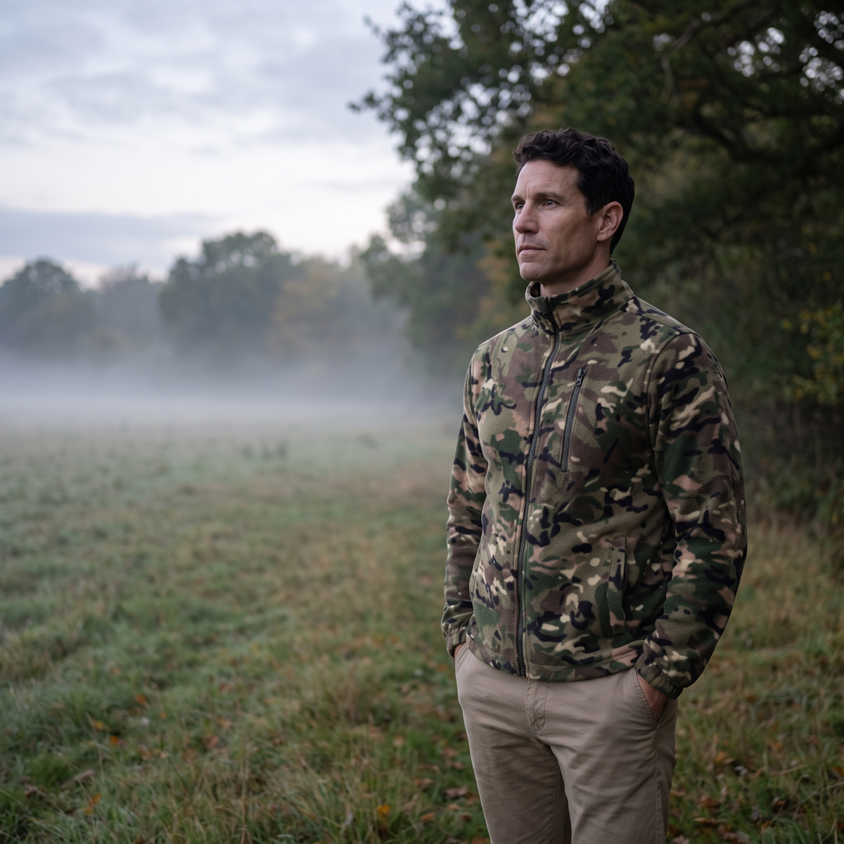 Men's Camo Fleece Jacket with Stand Up Collar and Zip Pockets