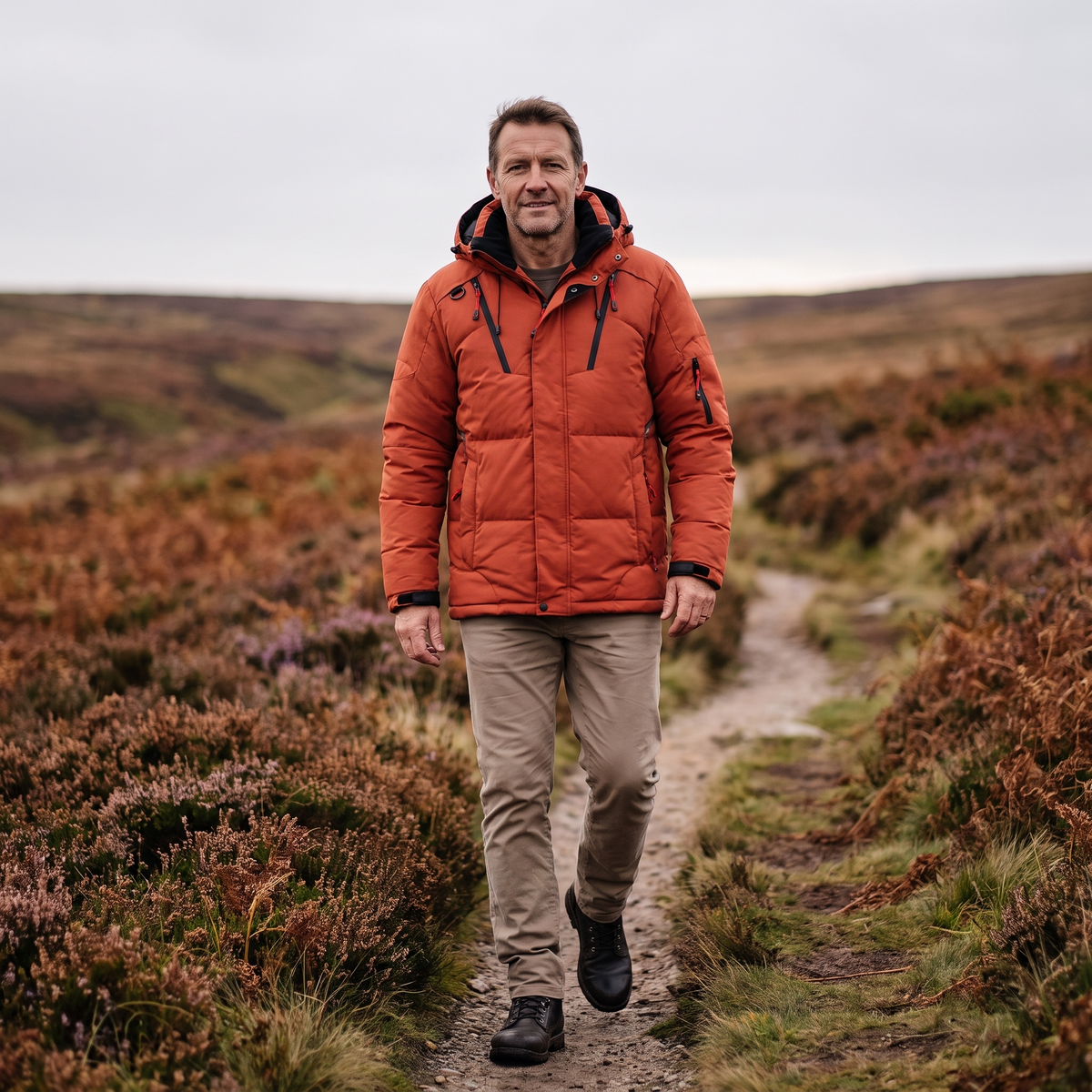 Men's Down Puffer Jacket with Detachable Hood and Multi Zip Pockets