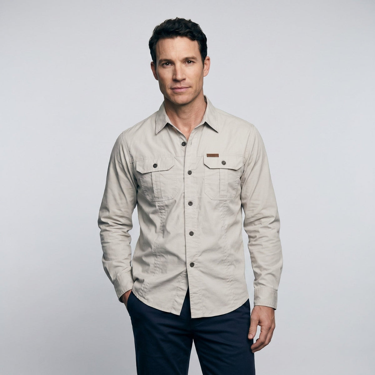 Men's Cotton Field Shirt With Double Chest Pockets And Long Sleeves