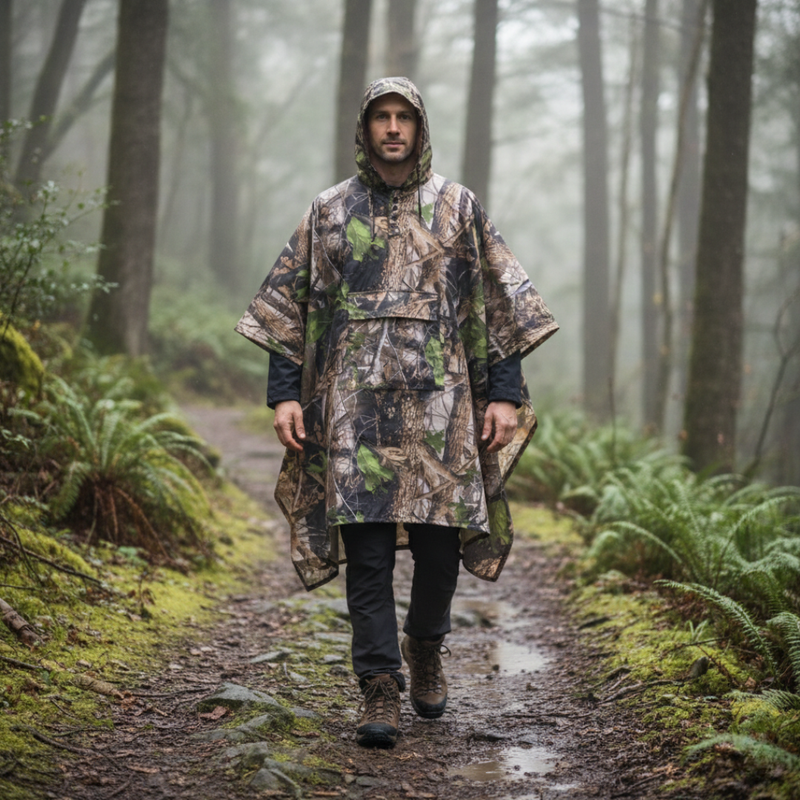 Men's Camo Water Resistant Rain Poncho with Hood