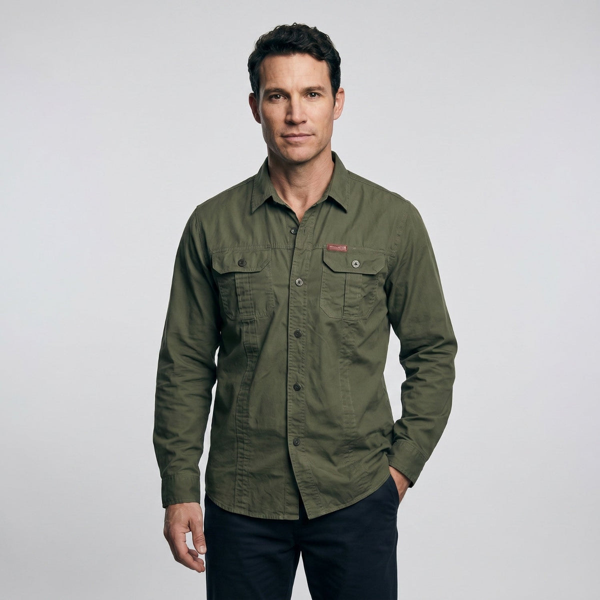 Men's Cotton Field Shirt With Double Chest Pockets And Long Sleeves